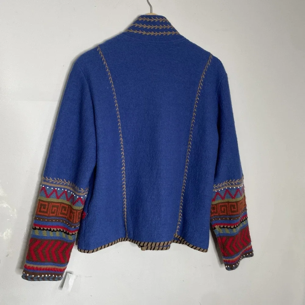Coldwater Creek Blue Wool Blend Boiled Jacket with Multicolor Trim
